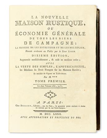 LIGER, LOUIS. La Nouvelle Maison Rustique; ou, Économie Générale de tous les Biens de Campagne . . . Dixième Édition.  2 vols.  1790